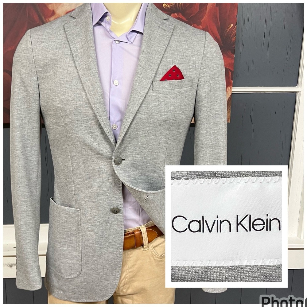 Calvin Klein Jersey Knit Blazer Mens 38L Long Slim Fit Heathered Striped Gray